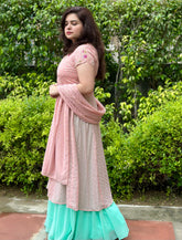 Hand Embroidered Pink Foil Printed Skirt Set